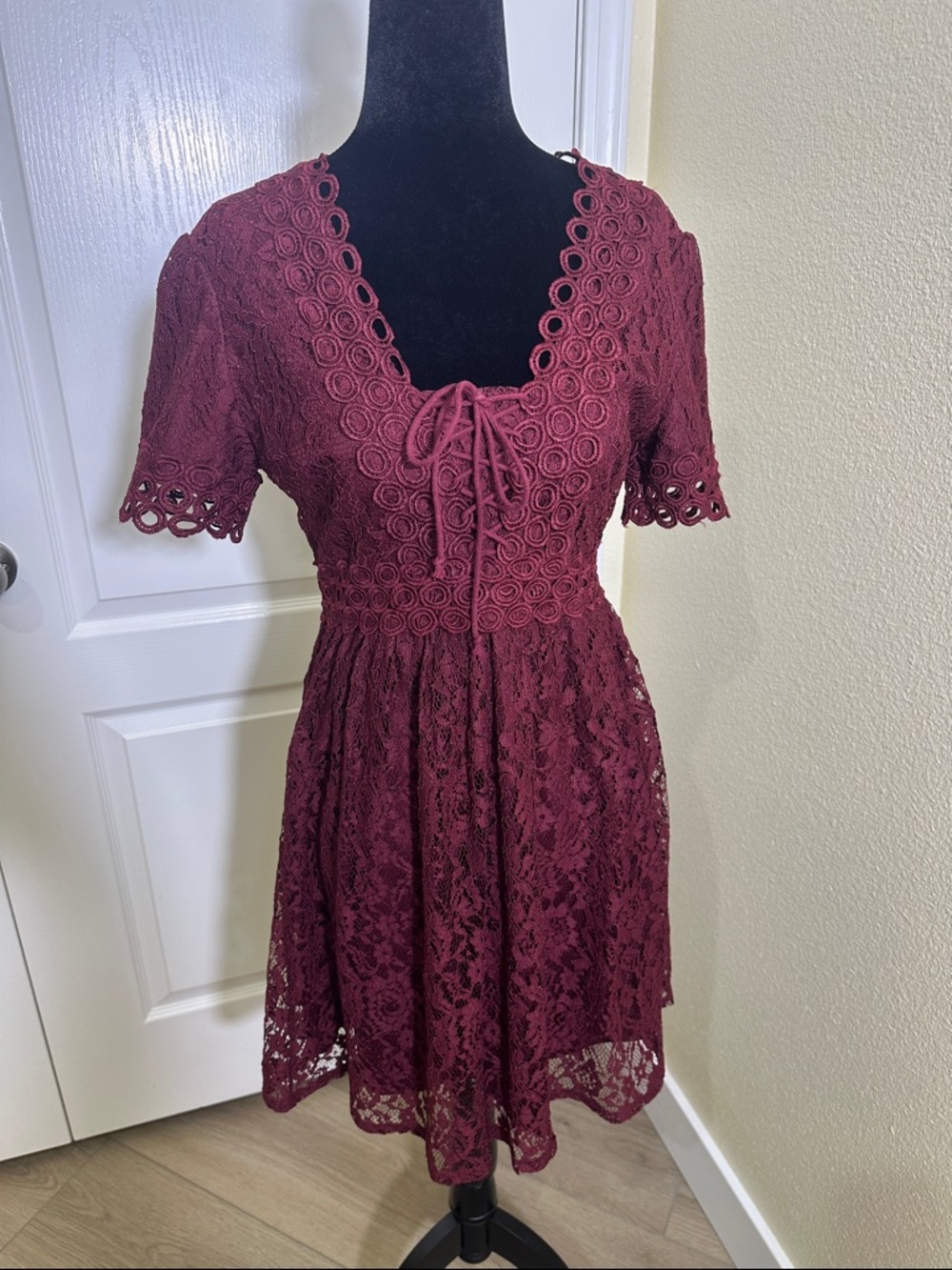 Francesca's Collections Wine Lace Tie-Front Mini Dress.  NWT. Size Small
